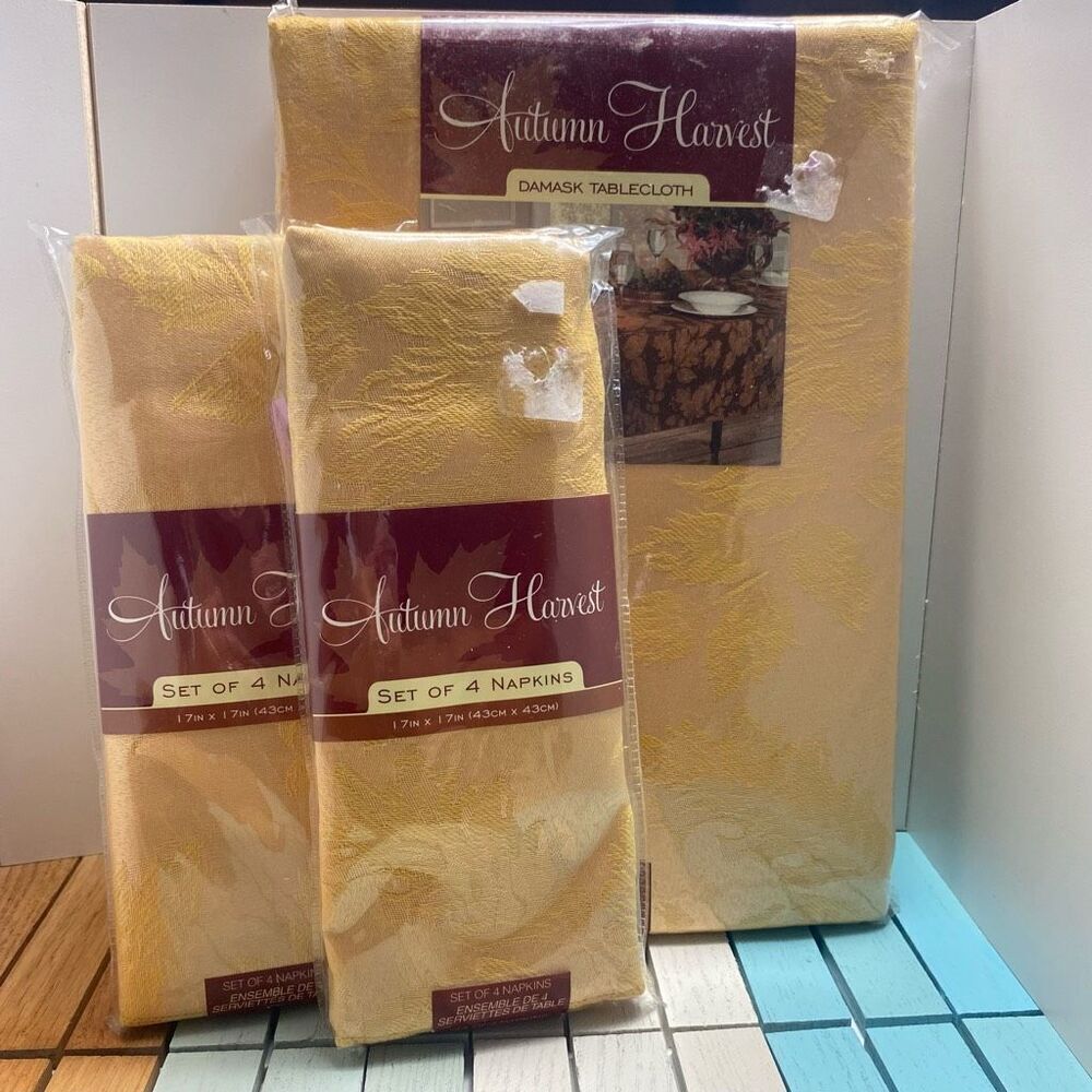 Autumn Harvest Damask Tablecloth Gold Wheat + 8 Napkins Thanksgiving Fall Bundle